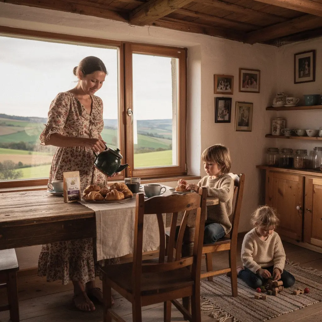 Friss, csillogó fekete tea a csésze szélén, aromás gőzökkel.